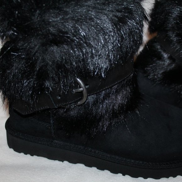NIB UGG WOMEN'S CLASSIC FLUFF BUCKLE SHAGGY SUEDE SHEARLING BOOTS BLACK - Picture 4 of 8